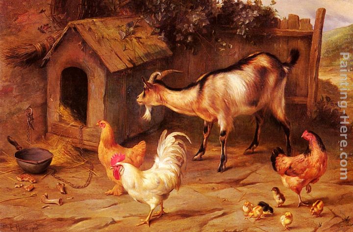 Fowl, Chicks And Goats By A Dog Kennel painting - Edgar Hunt Fowl, Chicks And Goats By A Dog Kennel art painting